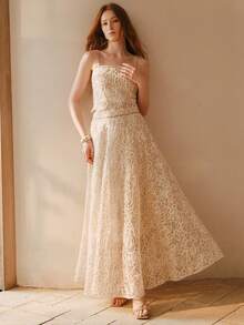 MOTF PREMIUM EMBROIDERY MESH APPLIQUES CAMI TOP & SKIRT ELEGANT SET - Apricot - View 6