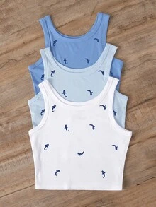 INAWLY 3pcs Whale Embroidery Fitted Round Neck Camisole For Women - Multicolor - View 3