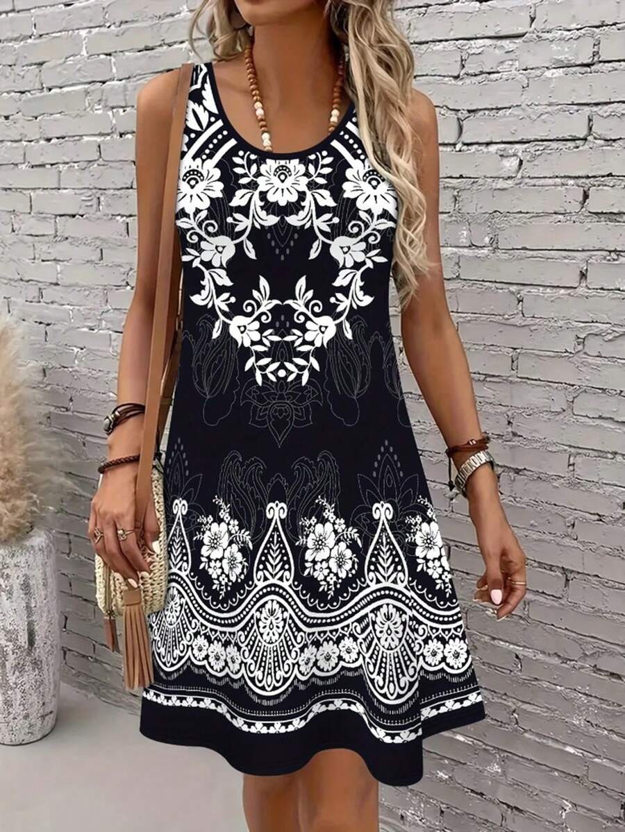 D-Print 优雅休闲黑白撞色花叶图案圆领无袖中长连衣裙，夏季新款女士休闲A字连衣裙，度假休闲女士无袖中长连衣裙 - 彩色 - 查看 1