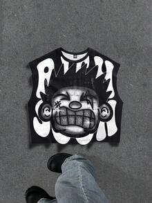 Manfinity ZONE917 Men's Oversized Distressed Funny Diamond Tattoo Print Short Sleeve T-Shirt & Sleeveless Tank Top - Black - View 1