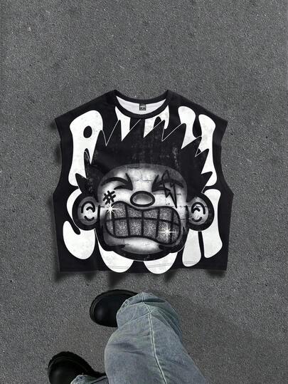 Manfinity ZONE917 Herr överdimensionerad, kortärmad t-shirt och linne med diamanttryck och sliten look