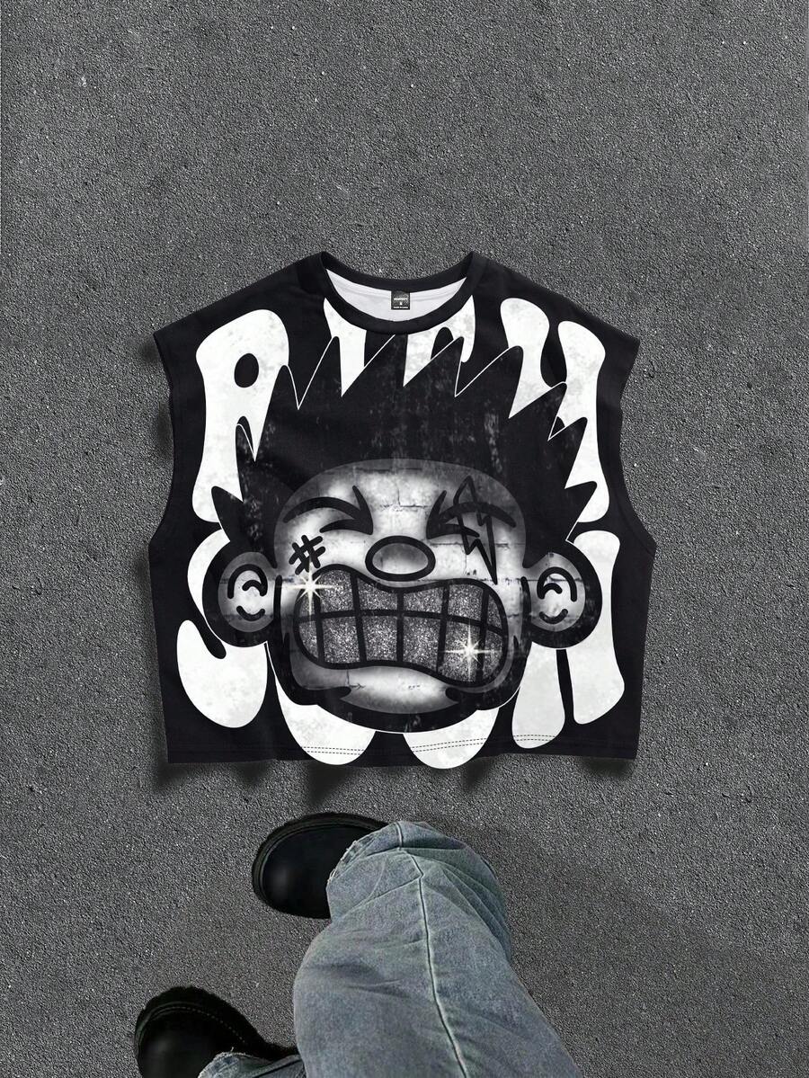 Manfinity ZONE917 Men's Oversized Distressed Funny Diamond Tattoo Print Short Sleeve T-Shirt & Sleeveless Tank Top - Black - View 1