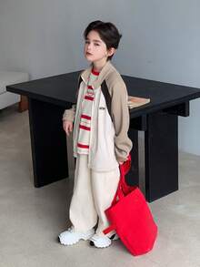 DAZY Chaqueta casual con cremallera y mangas raglán de bloques de color para niño preadolescente - Albaricoque - Ver 5