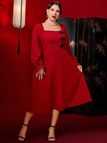 SHEIN Clasi 女士纯色中国风撞色纽扣长袖连衣裙，适合节日和新年穿着 - 紅色 - 查看 7