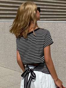 Livesso Women's Striped Asymmetric-Shoulder Short Sleeve Casual Versatile T-Shirt - Black and White - View 4