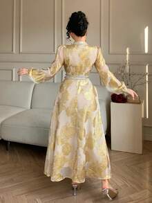 DAZY Textured Waist Cinching Midi Dress For Women, Vacation - Gold - View 2