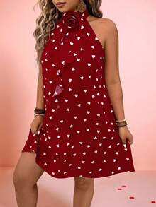 EMERY ROSE 女士甜美优雅3D立体花朵荷叶边领心形A字情人节连衣裙 - 紅色 - 查看 5