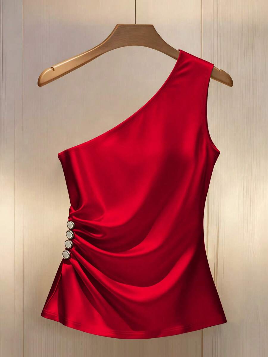 Franclia 优雅时尚斜领褶裥饰边纽扣装饰女式上衣 - 紅色 - 查看 1