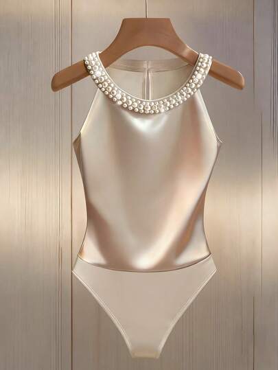 Franclia Bodysuit With Halter & Studded Decor, Fitted & Sexy Beaded Swimsuit Cream Bathing Suit Bathingsuit Bridal Bathing Suit Seashell Bathing Suit Beaded Top Cream Top Pearl Embellished Top Sleeveless Bodysuit Halter Top Satin Top