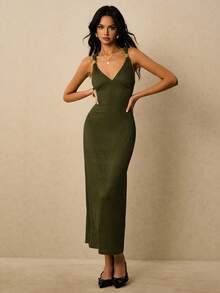 Poéselle 女士性感纯色露背连衣裙，夏季 - 軍綠色 - 查看 5