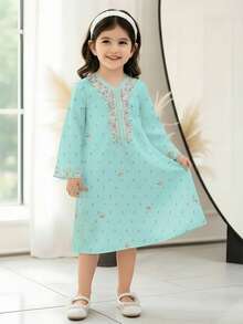 经典绿松石色花卉刺绣优雅复古连衣裙，适合年轻女孩休闲简约传统阿拉伯长袍，春夏皆宜，优雅长袖连衣裙，祈祷长袍，舒适易穿，休闲装，度假风，端庄卡夫坦长袍，儿童长袍 - 白色 - 查看 4