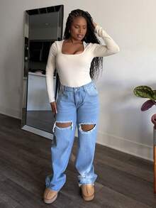 Tyla Gomez Single Button Cut Out Ripped Frayed Wide Leg Jeans - Light Wash - View 1