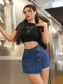 SHEIN ICON Plus Size Women's Asymmetric Sexy Denim Skirt Pants, Spring Outfits - Dark Wash - View 3