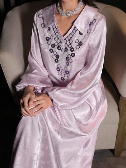 SHEIN Najma 女士优雅V领抽绳腰连衣裙，饰以珍珠和水钻，春夏时尚长袍