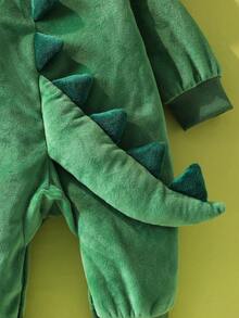 SHEIN Newborn Dinosaur Costume Outfit, Cute Plush Fabric Long Sleeve Jumpsuit With 3D Embroidered Dinosaur Hat Set Fall Winter - Olive Green - View 7
