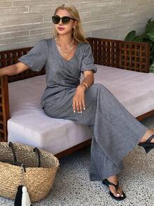 DAZY Women's V-Neck Short Sleeve Pleated Front Puff Sleeve Top And Loose Straight Elastic Waist Pants 2 Piece Casual Set - Grey - View 4