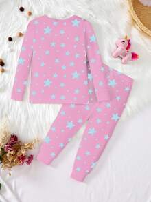 Baby Girls' Cute Fish & Blue Star Print Knit Elastic Fabric Soft Comfortable Glow-In-The-Dark Long Sleeve Top And Pants 2-Piece Pajama Set - Multicolor - View 2