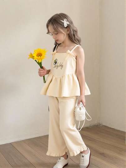 2件套女童无袖短袖荷叶边蝴蝶装饰圆领上衣和宽松休闲裤，可爱校园风，春夏款