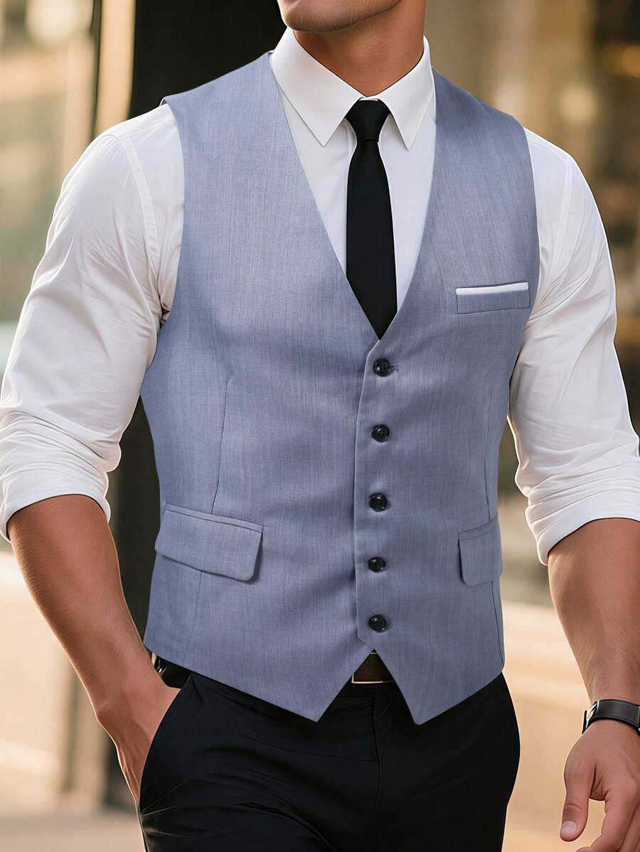 Manfinity Mode Men's Minimalist Casual Gentleman Single-Breasted V-Neck Suit Vest - Grey - View 1