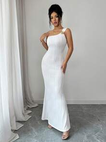 SHEIN Elenzya 女士不对称领口金属扣腰身鱼尾设计长款优雅连衣裙，适合派对、通勤、婚礼、约会、休闲外出、春夏穿着。 - 白色 - 查看 1