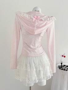 Elamini 女士粉色条纹针织天丝面料撞色白色蕾丝边粉色蝴蝶结装饰口袋开襟卫衣，春夏海滩度假休闲外向甜美可爱返校毕业典礼日常百搭 - 粉色 - 查看 2