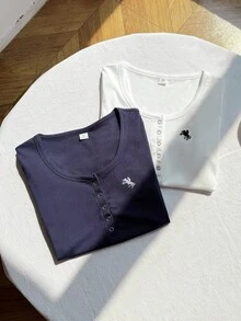 Cute Semi-Sheer Short Sleeve Polyester T-Shirts For Teen Girls Square Neck Embroidery Details Black And White 2 Pack - Black and White - View 5