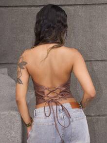 Rayane Ketlyn Women's Sexy Fashion Street Vacation Western Style PU Leather Backless Lace-Up Zipper Front Halter Top, Summer,Brown Top - Chocolate Brown - View 2