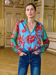 LOTSLUV 女士优雅撞色印花V领长袖收腰缎面亮面衬衫，蓝色、绿色、红色可选 - 藍色 - 查看 1