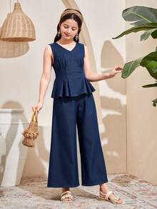 SHEIN 2Pcs Tween Girls Fashion Casual Y2k Vintage Cool Street Two Pieces Set Of Dark Blue Sleeveless Denim Top With A Cinched Waist And Pleated Design And Loose Jeans With Elastic Band Waist For Kids Clothes Tween Girls Dailywear And Kids Spring And Summer Rave Outfits Festival And Outfits Streetwear Clothes - Blue - View 5