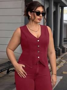 EMERY ROSE Chaleco de mezclilla casual de talla grande para verano - Burdeos - Ver 4