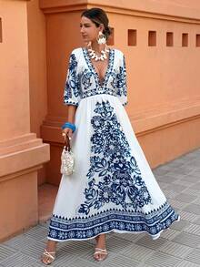 Selianne Women's Vacation Floral Print A-Line V-Neck Dress, Casual Vacation Dress, Blue & White Vacation Print - Multicolor - View 4