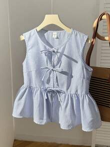 SHEIN 少女蓝白条纹休闲优雅度假风露肩褶皱短款T恤 - 藍白色 - 查看 3