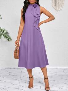 SHEIN Lady 领口饰以立体花朵荷叶边。橙色中长连衣裙。优雅女士宽松休闲风。春夏度假必备。波西米亚风。 - 淡紫色 - 查看 3