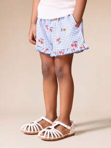 SUMWON Girls Cherry Print Ribbed T-Shirt And Gingham Ruffle Shorts Two Piece Summer Casual Outfit Set With Short Sleeves Crew Neck - Blue - View 4