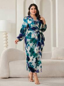 Modelyn 大码撞色灯笼袖裹身优雅连衣裙 - 綠色 - 查看 3