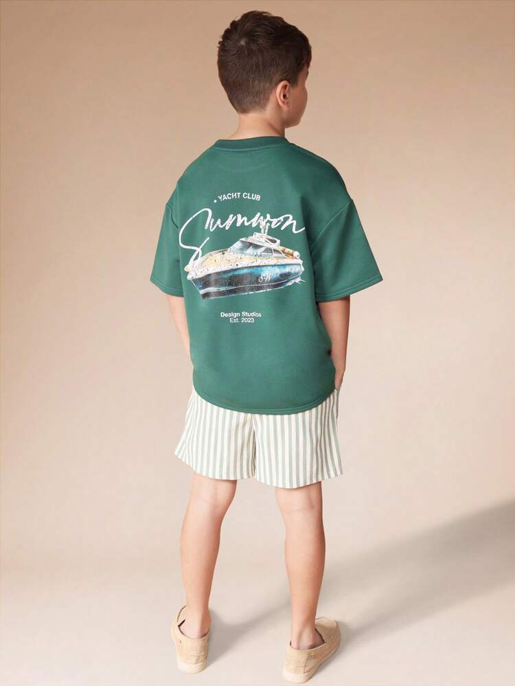 Yacht Print Tee And Striped Shorts Set