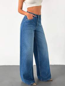 SHEIN 100% Cotton Women's Slant Pocket Casual Wide Legs Jeans - Medium Wash - View 3