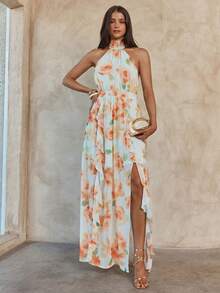 Enchnt Đầm nữ thanh lịch cổ yếm, vạt bèo nhún, dáng bất đối xứng, thích hợp cho mùa hè. - trái cam - Xem 5