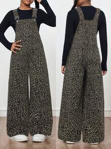 Tween Girl Leopard Print Wide Leg Denim Overalls - Multicolor - View 1