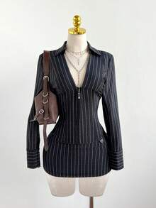 Elamini Women's Elegant Striped Long Sleeve Shirt And Low Waist Striped Skirt 2-Piece Set, Versatile For Daily, Commute, Party, Autumn/Winter - Multicolor - View 6