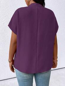 Breezaya 大码纯色V领蝙蝠袖简约夏季衬衫，适合新年穿着 - 紫色 - 查看 2