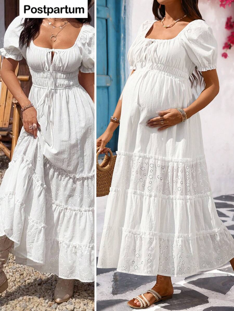 SHEIN 孕妇纯色方领泡泡袖休闲系腰连衣裙 - 白色 - 查看 1