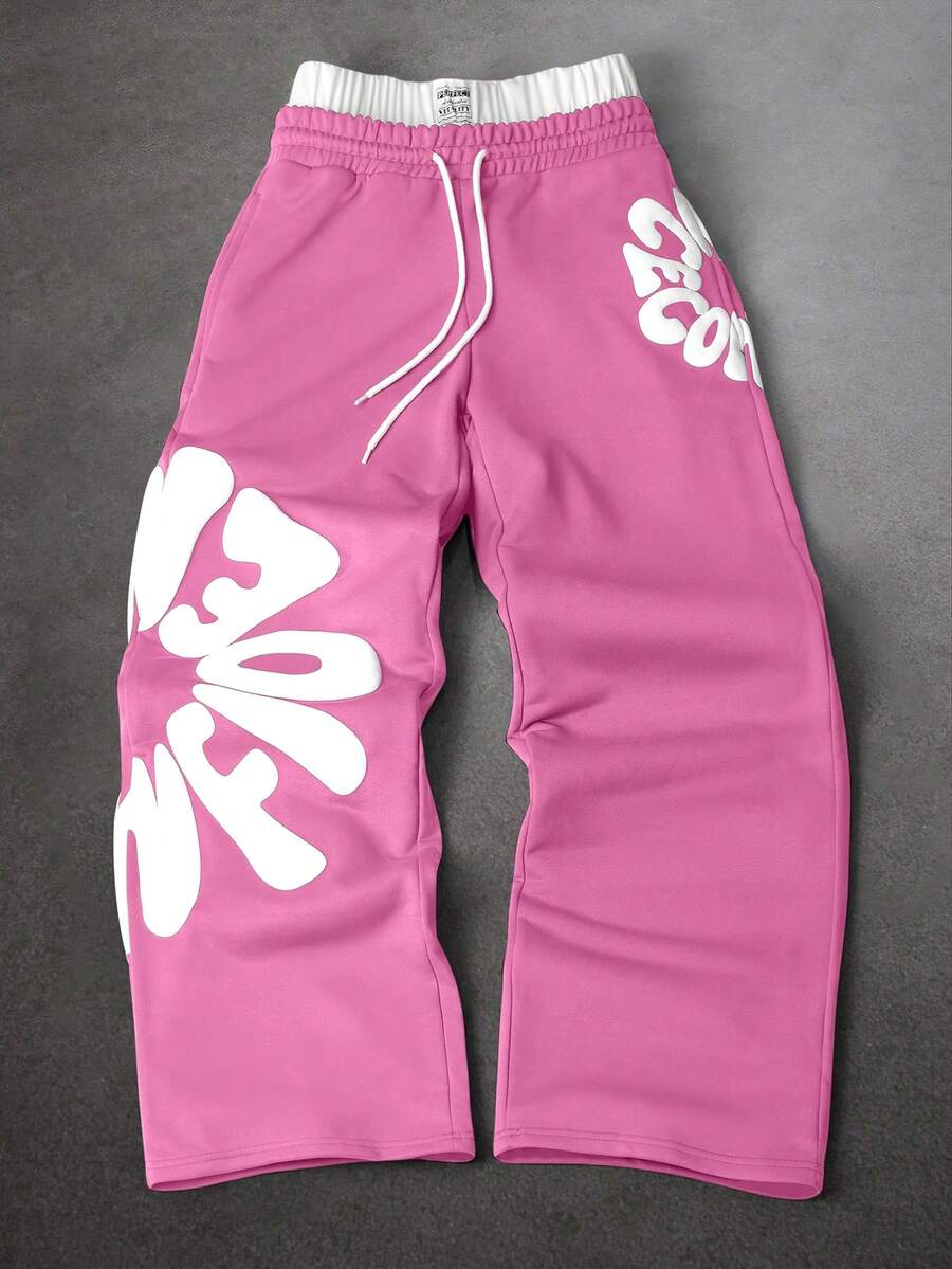 SLATEMANN Men's Letter Print Contrast Color Drawstring Waist Sweatpants - Baby Pink - View 1
