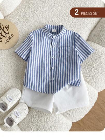 Baby Boy Casual Cute Striped Short Sleeve Shirt And Elastic Waist Shorts Set
