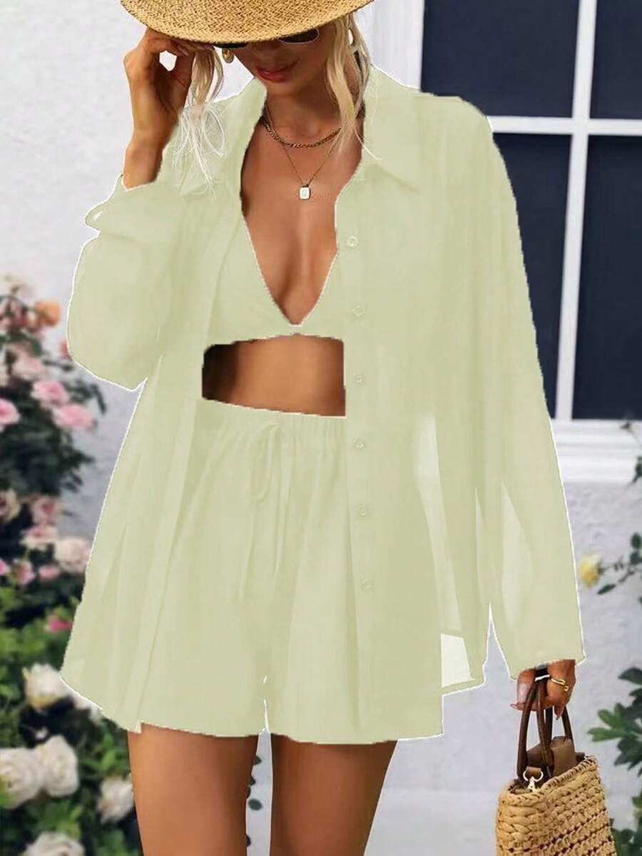 Breezaya Bộ 3 món áo dài tay phối lưới phía trước dành cho nữ - màu xanh lá - Xem 1