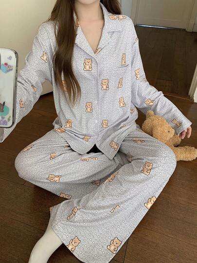 DAZY Bear Print Loose Women Pajama Set