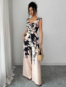 Rafferiza 女士露肩印花收腰阔腿连体裤，休闲度假装，春夏款 - 杏色 - 查看 6