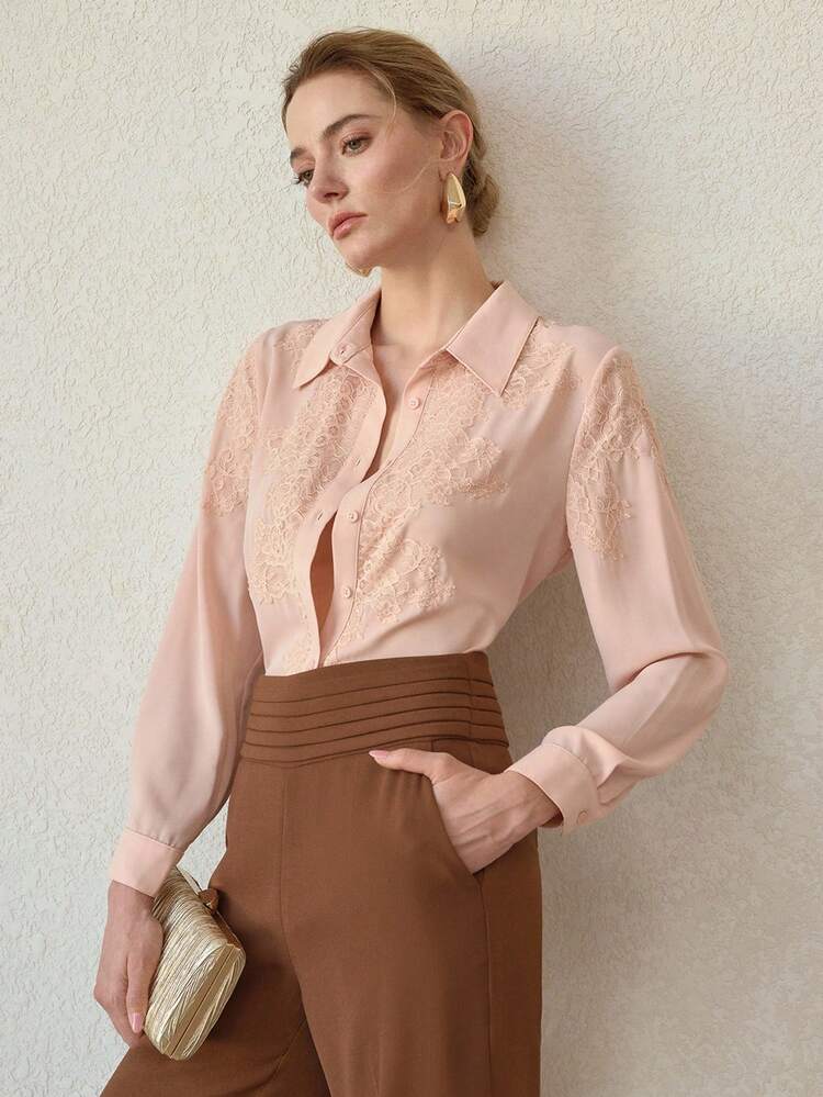 ELEGANT LACE PATCHWORK CASUAL SHIRT, SPRING/SUMMER