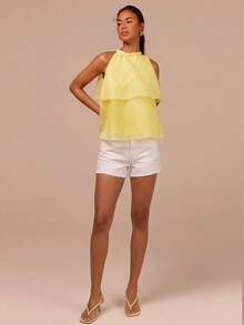 COSMINA 无袖露背上衣，欧根纱面料，双层设计，黄色衬衫，适合情人节、约会、婚礼宾客、海滩度假、夏季女式衬衫 - 黃色 - 查看 4