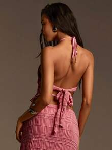 Athîral Women's Casual Vacation Pink Ruffle Trim 2 Pieces Set, Backless Camisole Top And Long Skirt - Pink - View 2